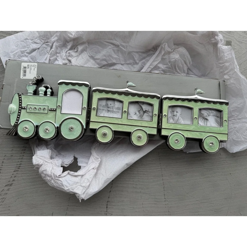 Things Remembered Baby Train Picture Frame Mint Green Silver Enamel 5 Openings